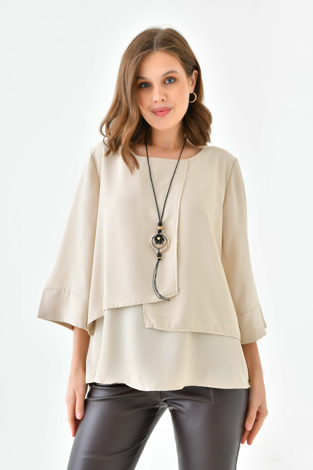 Oversized Fit 3/4 Sleeve Asymmetric Layered Blouse in Beige with Necklace