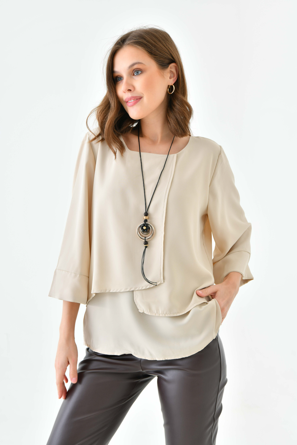 Oversized Fit 3/4 Sleeve Asymmetric Layered Blouse in Beige with Necklace