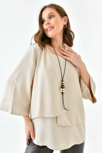 Oversized Fit 3/4 Sleeve Asymmetric Layered Blouse in Beige with Necklace