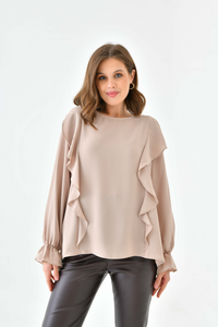 Oversized Frilled Front Blouse with Detailed Cuffs in Beige