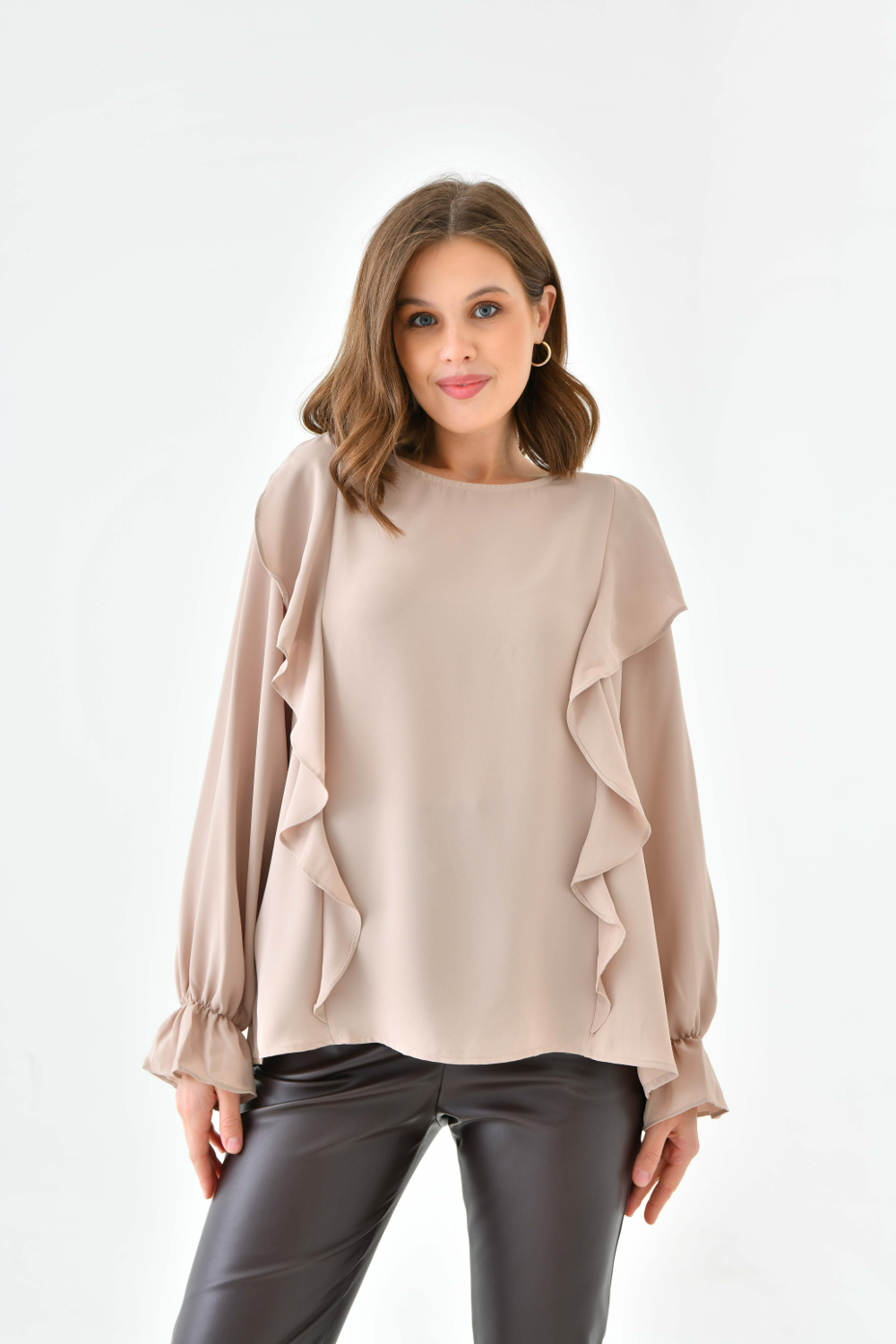 Oversized Frilled Front Blouse with Detailed Cuffs in Beige