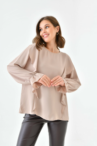 Oversized Frilled Front Blouse with Detailed Cuffs in Beige