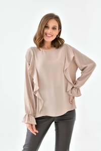 Oversized Frilled Front Blouse with Detailed Cuffs in Beige