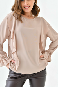 Oversized Frilled Front Blouse with Detailed Cuffs in Beige
