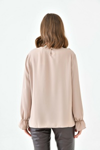 Oversized Frilled Front Blouse with Detailed Cuffs in Beige