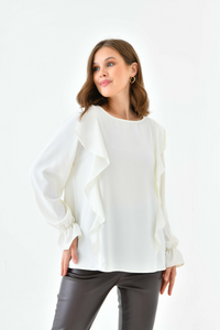 Oversized Frilled Front Blouse with Detailed Cuffs in White