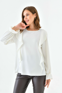 Oversized Frilled Front Blouse with Detailed Cuffs in White