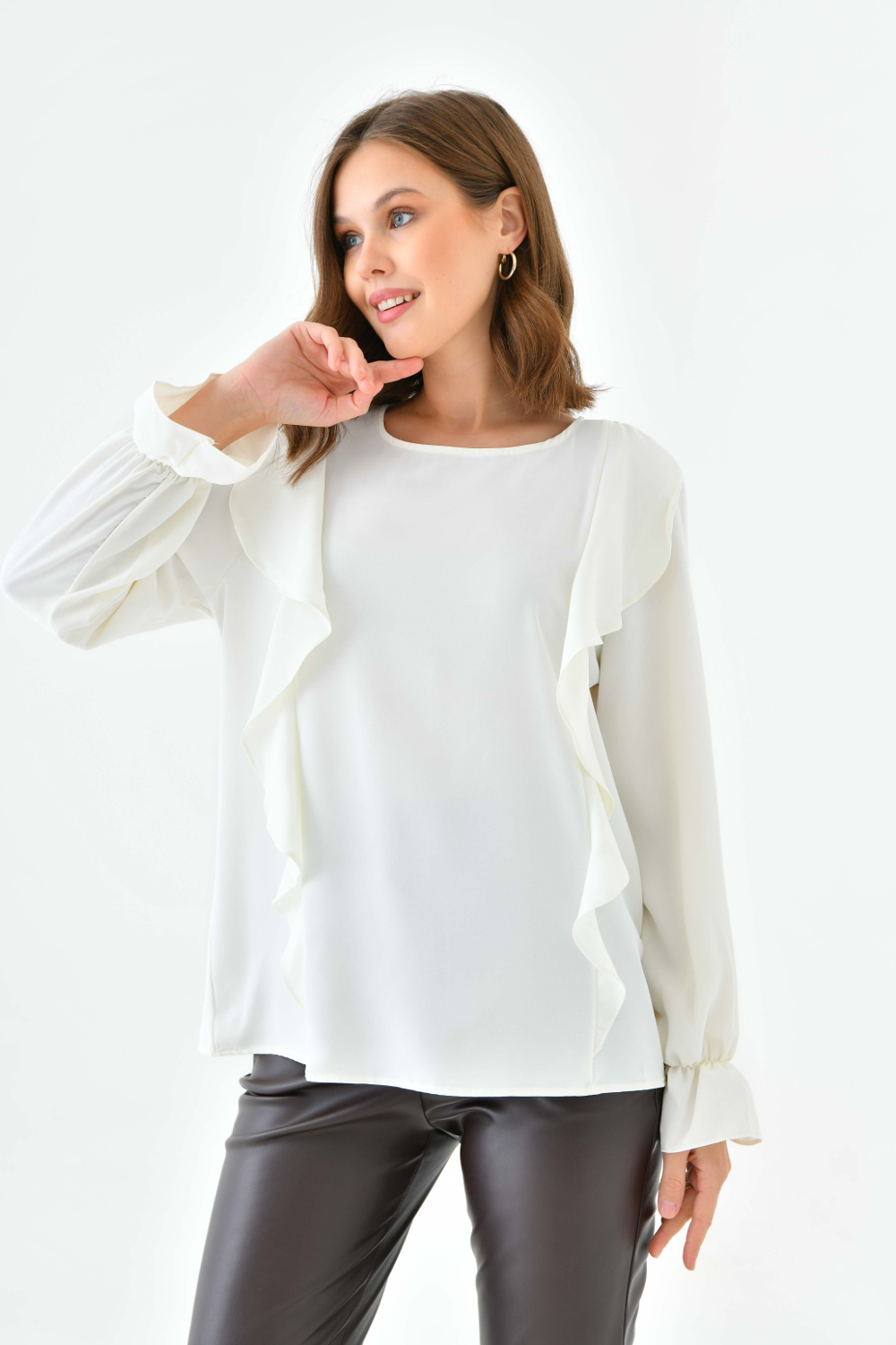 Oversized Frilled Front Blouse with Detailed Cuffs in White