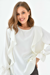 Oversized Frilled Front Blouse with Detailed Cuffs in White
