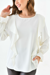 Oversized Frilled Front Blouse with Detailed Cuffs in White