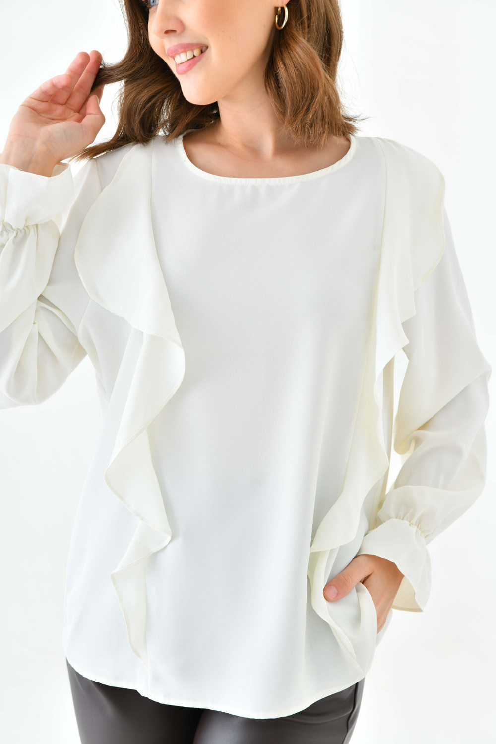 Oversized Frilled Front Blouse with Detailed Cuffs in White