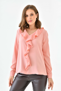 Oversized Long Sleeve Frilled Front Blouse Top in Pink