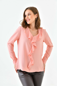Oversized Long Sleeve Frilled Front Blouse Top in Pink