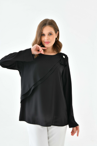 Oversized Long Sleeves Crew Neck Blouse Top with Pussy Bow Detail in Black