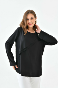 Oversized Long Sleeves Crew Neck Blouse Top with Pussy Bow Detail in Black