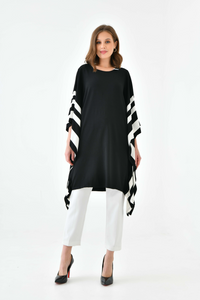 Oversized Wide Sleeve Tunic Dress with White Stripe Details in Black