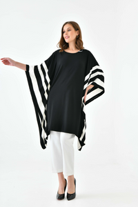 Oversized Wide Sleeve Tunic Dress with White Stripe Details in Black