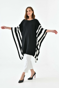 Oversized Wide Sleeve Tunic Dress with White Stripe Details in Black