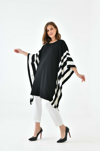 Oversized Wide Sleeve Tunic Dress with White Stripe Details in Black