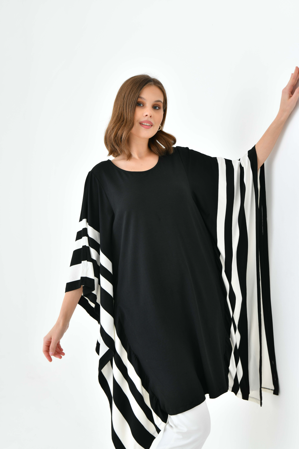 Oversized Wide Sleeve Tunic Dress with White Stripe Details in Black
