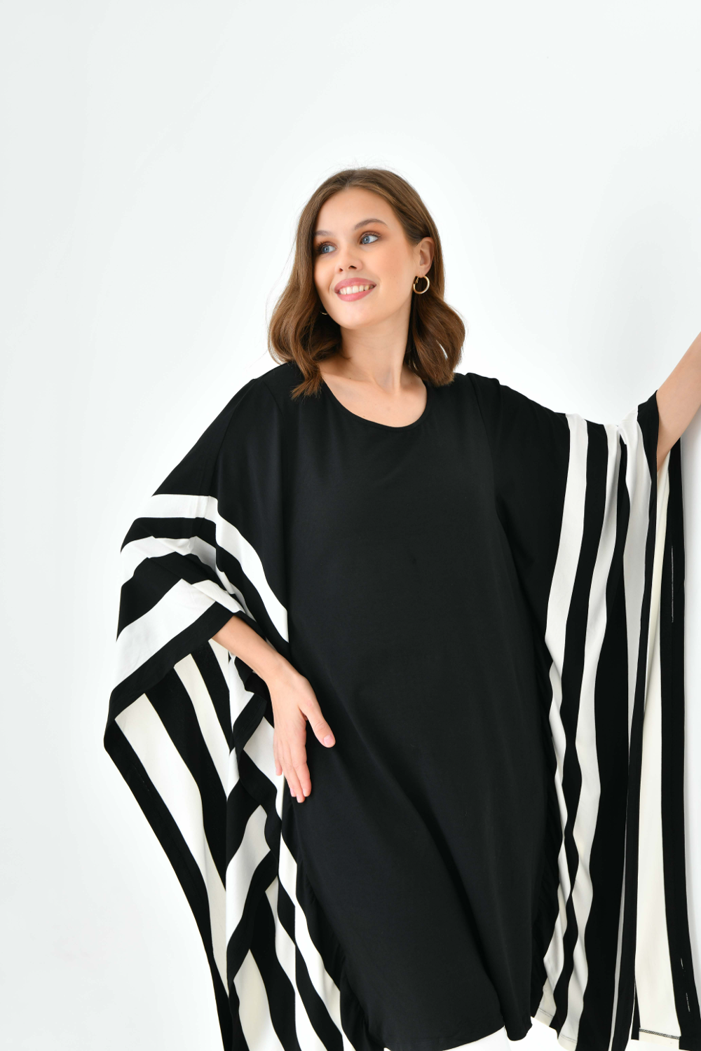 Oversized Wide Sleeve Tunic Dress with White Stripe Details in Black