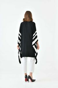 Oversized Wide Sleeve Tunic Dress with White Stripe Details in Black