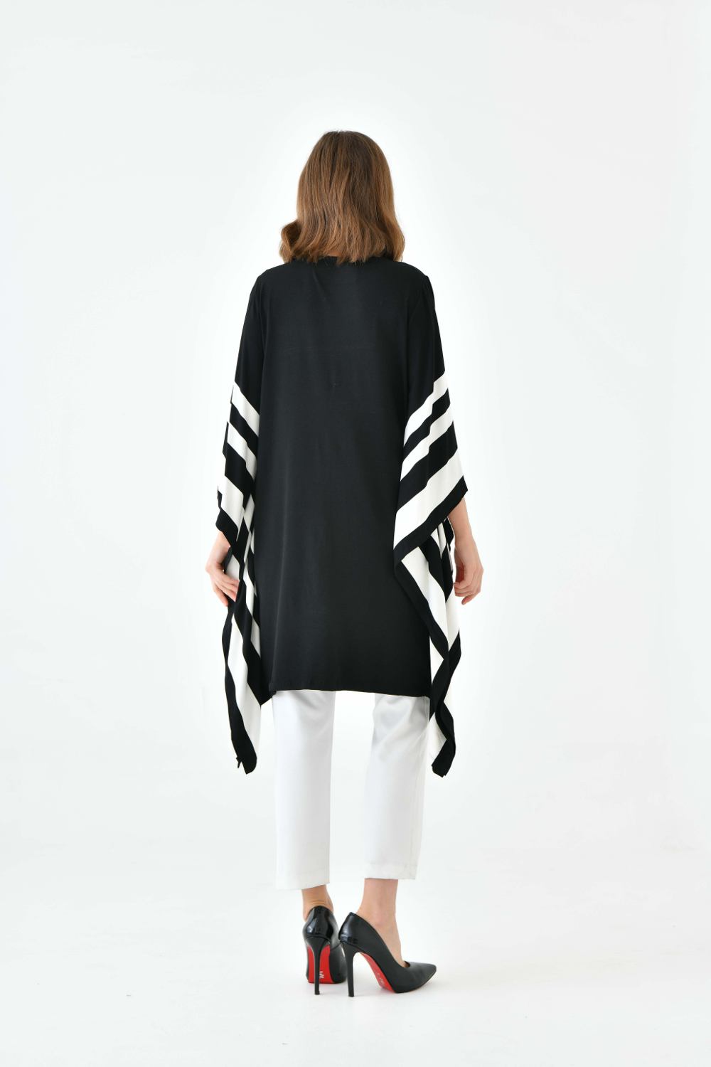 Oversized Wide Sleeve Tunic Dress with White Stripe Details in Black