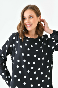 Oversized 3/4 Sleeves Crew Neck Layered Tunic with Polka Dot Print in Black and White