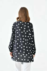 Oversized 3/4 Sleeves Crew Neck Layered Tunic with Polka Dot Print in Black and White