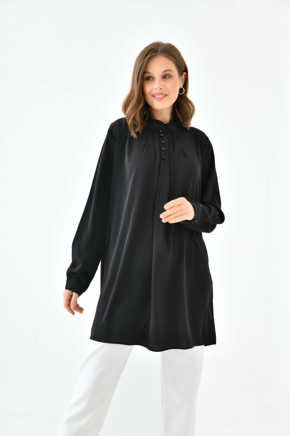 Oversized Long Sleeve Button Detailed Tunic Top in Black