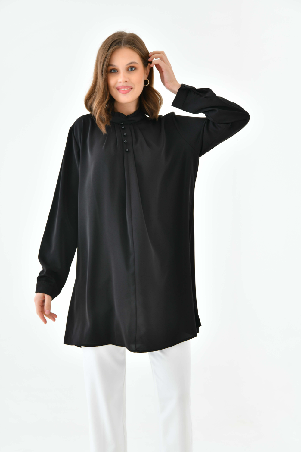Oversized Long Sleeve Button Detailed Tunic Top in Black