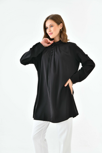 Oversized Long Sleeve Button Detailed Tunic Top in Black