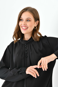 Oversized Long Sleeve Button Detailed Tunic Top in Black