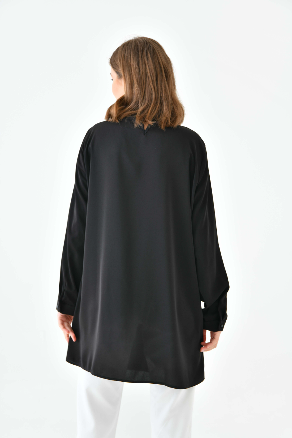 Oversized Long Sleeve Button Detailed Tunic Top in Black