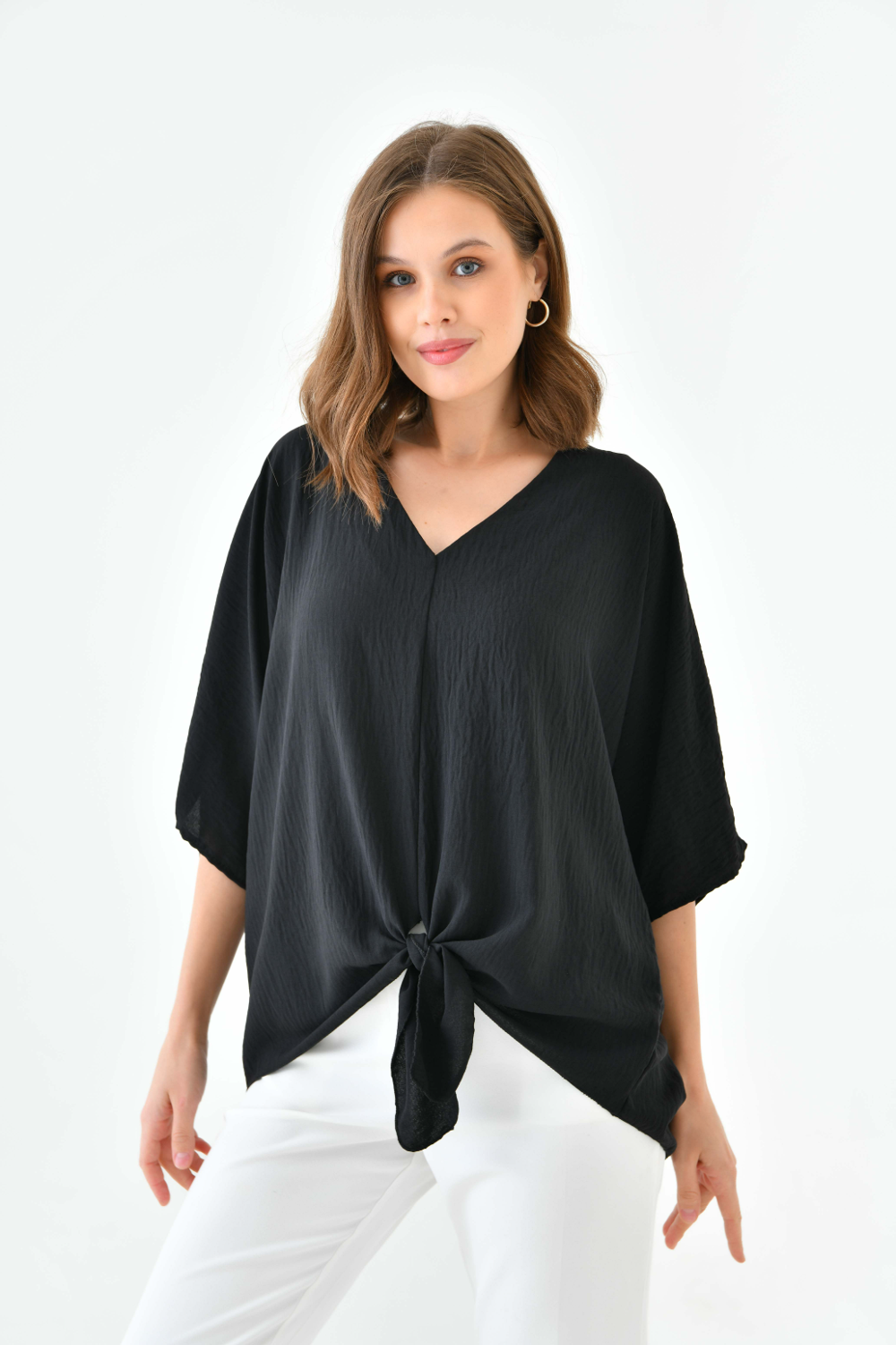 Oversized V Neck Tie Front Detailed Blouse with 3/4 Sleeves in Black