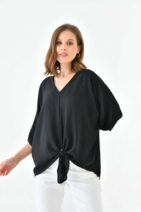 Oversized V Neck Tie Front Detailed Blouse with 3/4 Sleeves in Black