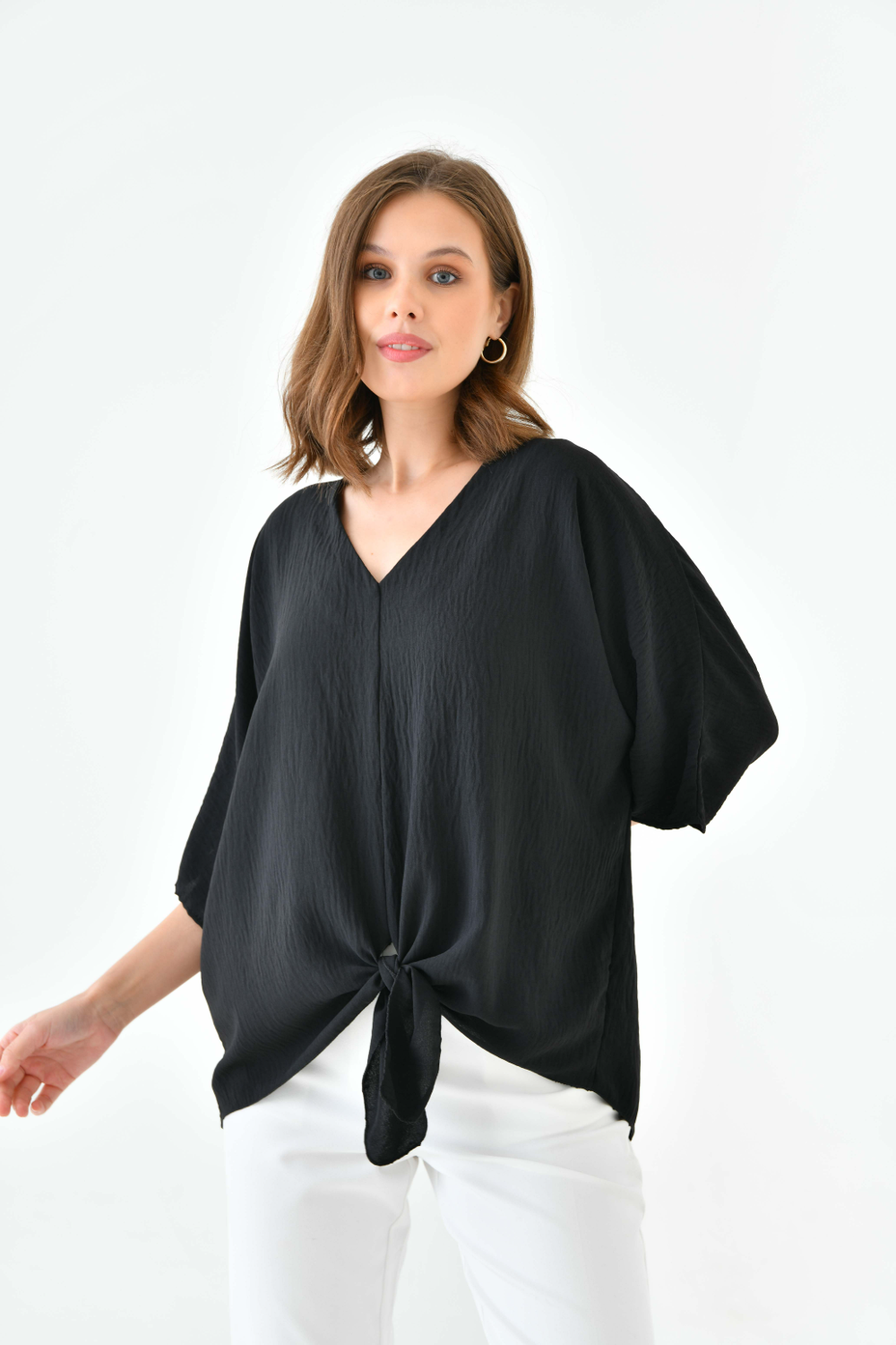 Oversized V Neck Tie Front Detailed Blouse with 3/4 Sleeves in Black