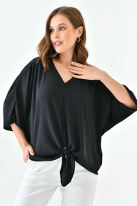 Oversized V Neck Tie Front Detailed Blouse with 3/4 Sleeves in Black