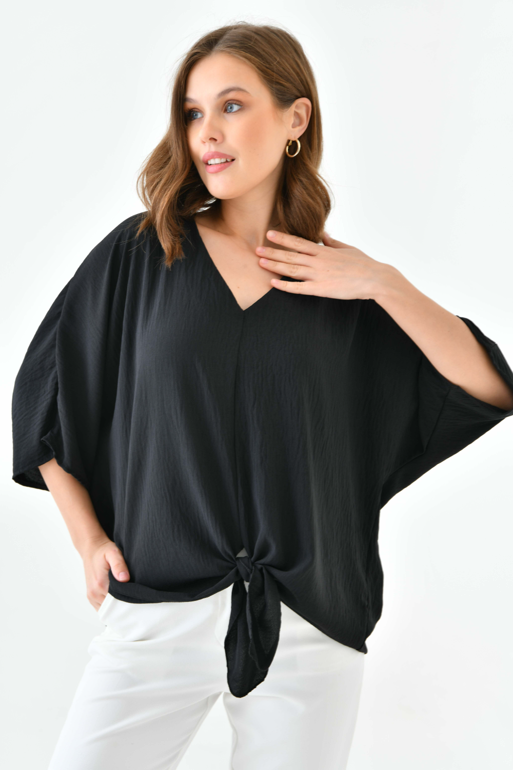 Oversized V Neck Tie Front Detailed Blouse with 3/4 Sleeves in Black