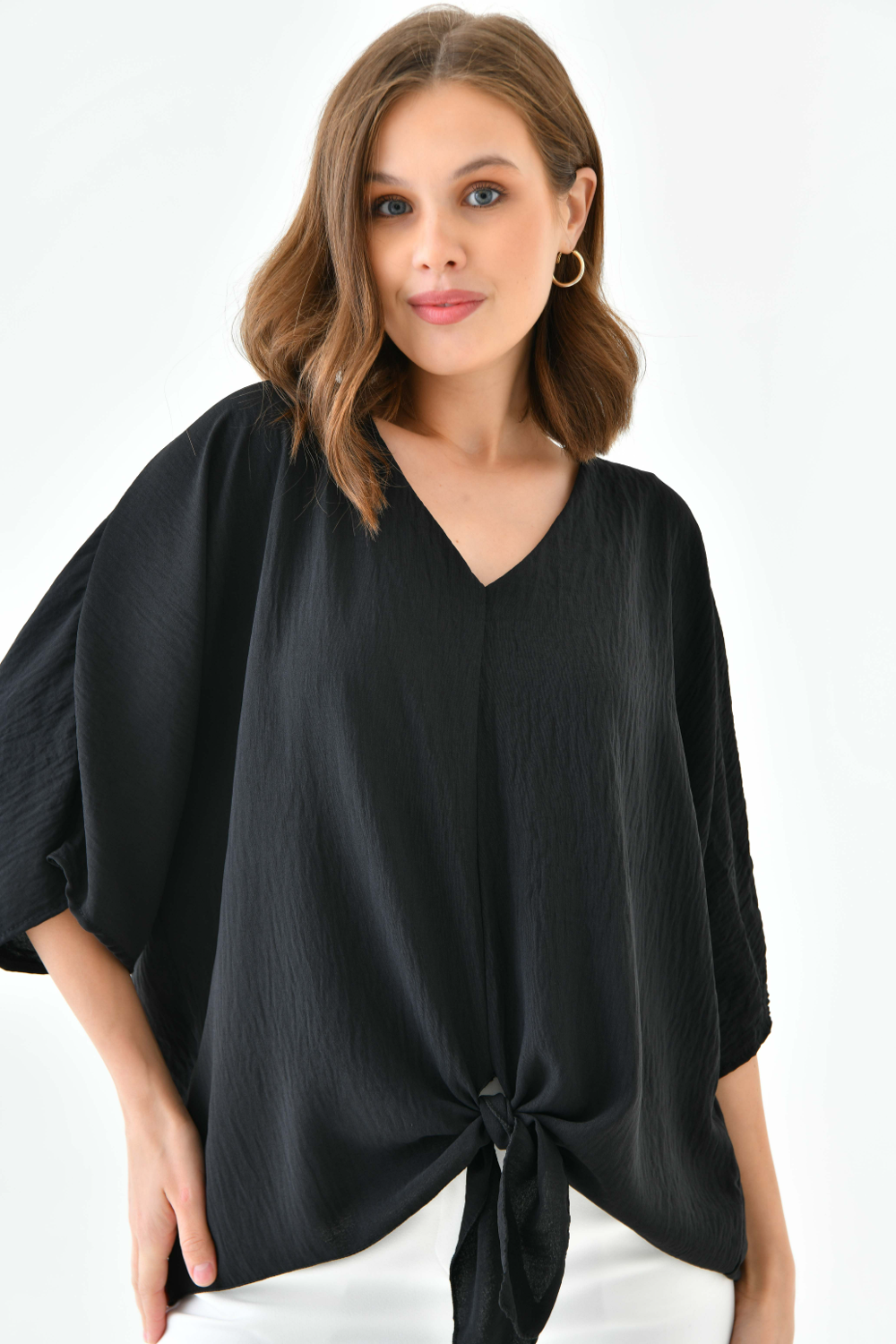 Oversized V Neck Tie Front Detailed Blouse with 3/4 Sleeves in Black