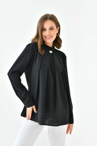 Oversized Long Sleeves Brooch Detailed Top in Black