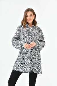 Oversized Balloon Sleeves Shirt Tunic with Leopard Print in Brown and Black