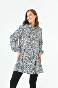 Oversized Balloon Sleeves Shirt Tunic with Leopard Print in Brown and Black