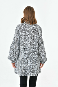 Oversized Balloon Sleeves Shirt Tunic with Leopard Print in Brown and Black