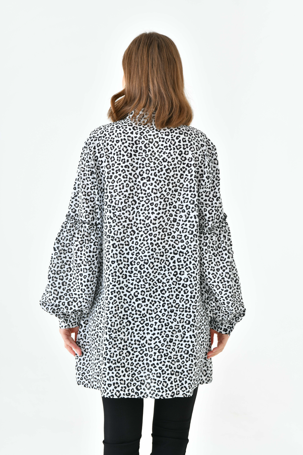 Oversized Balloon Sleeves Shirt Tunic with Leopard Print in Brown and Black