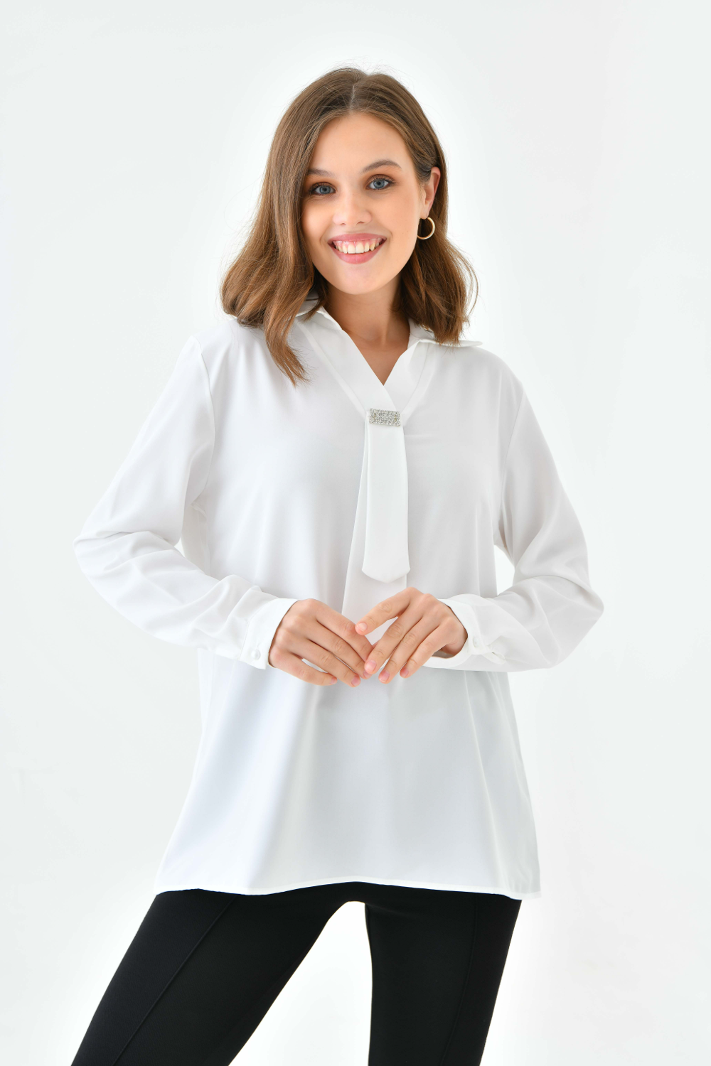 Oversized Long Sleeves Shirt Collar Blouse Top with Brooch Detail in White