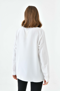 Oversized Long Sleeves Shirt Collar Blouse Top with Brooch Detail in White