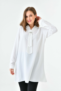 Oversized Long Sleeves Shirt Collar Tunic Top with Brooch Detail in White