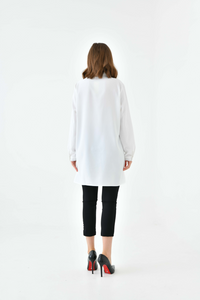 Oversized Long Sleeves Shirt Collar Tunic Top with Brooch Detail in White