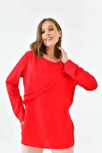 Oversized Long Sleeves Crew Neck Blouse Top with Pussy Bow Detail in Red